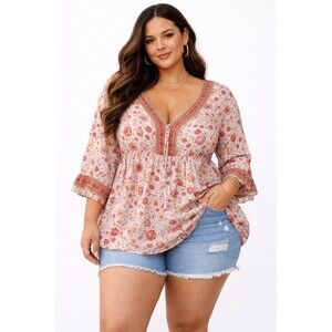 Cynthia Rowley Womens 1X Shirt Top Boho Festival Pink Floral Tassels Ruffle